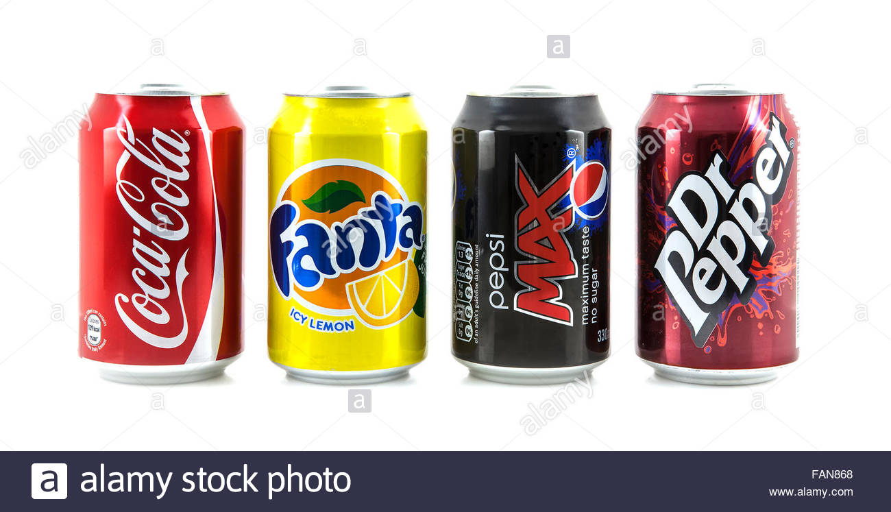 Four Popular Drink Cans On A White Background Coca Cola Fanta