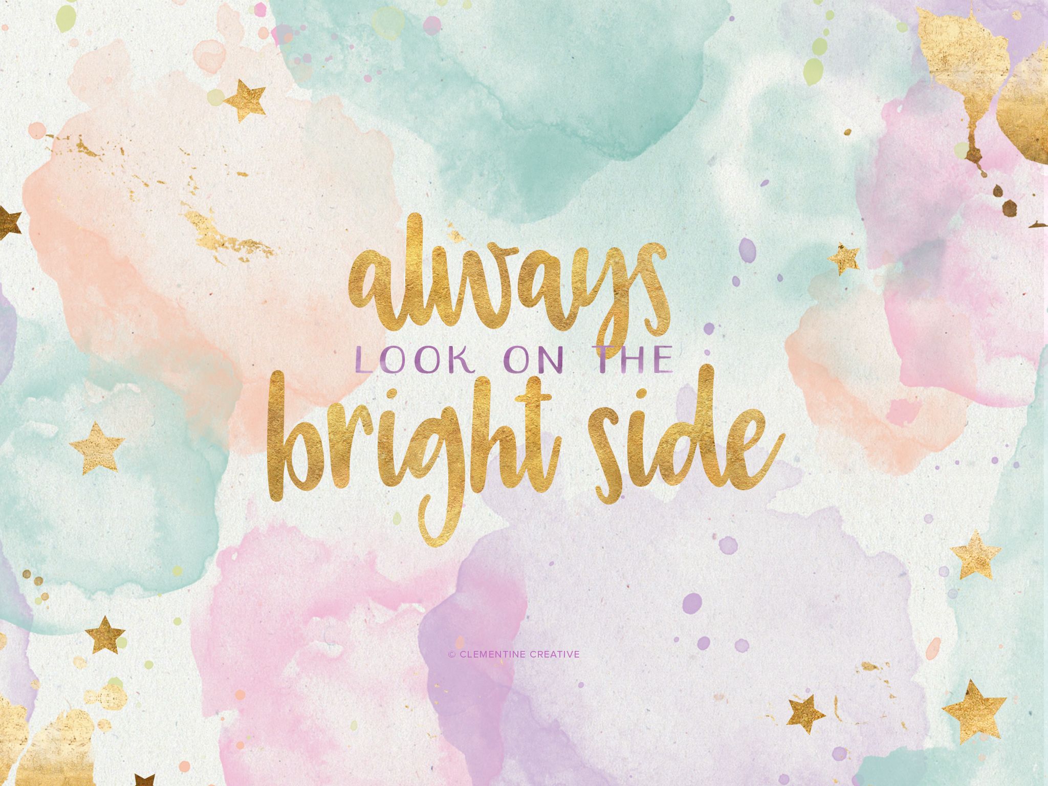 A cute quote wallpaper with a pastel watercolor background and gold stars. The quote reads: 