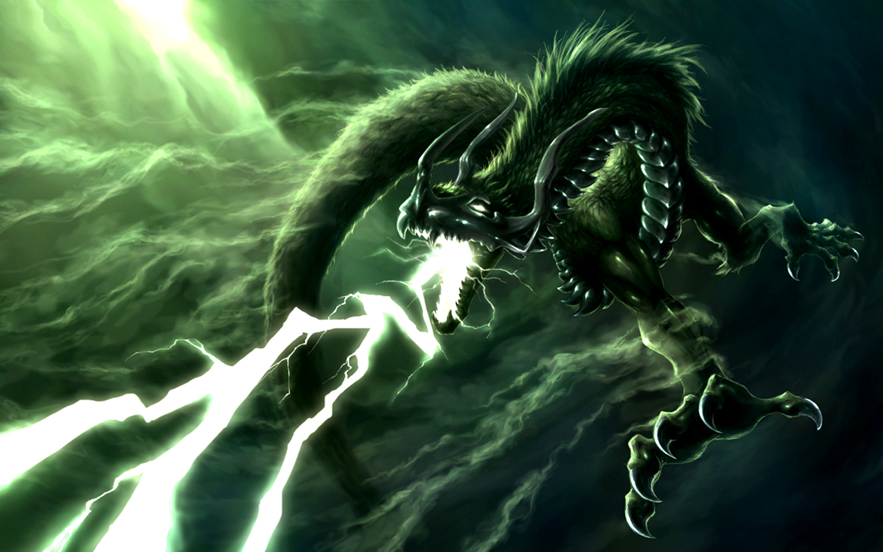 A fearsome green dragon breathes lightning in a stormy sky, showcasing the raw power and majesty of mythical creatures