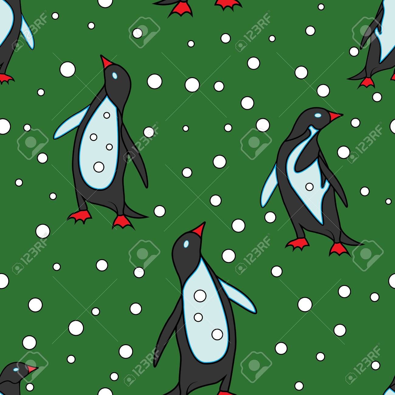 Vector Seamless Pattern With Penguins And Falling Snow On Green