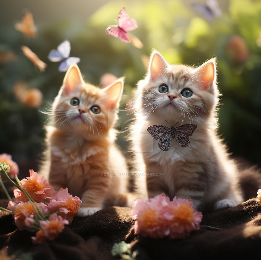 Kittens Looking At Butterflies In Summer Forest By Coolarts223 On
