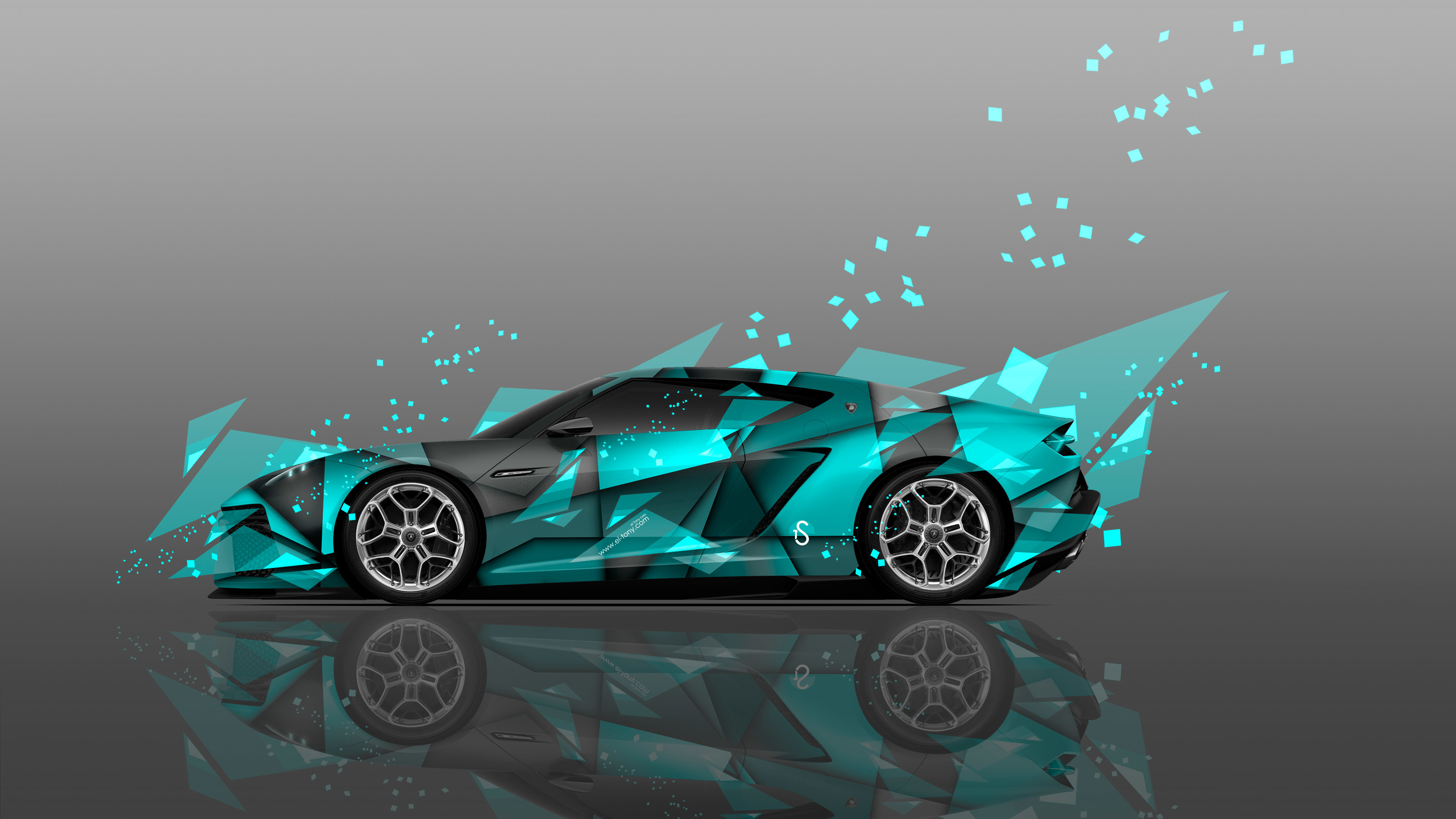 Abstract 4k wallpaper featuring a futuristic sports car with a sleek, low profile, adorned with geometric shapes and vibrant teal accents. The car is set against a minimalist gray backdrop, creating a modern and artistic feel