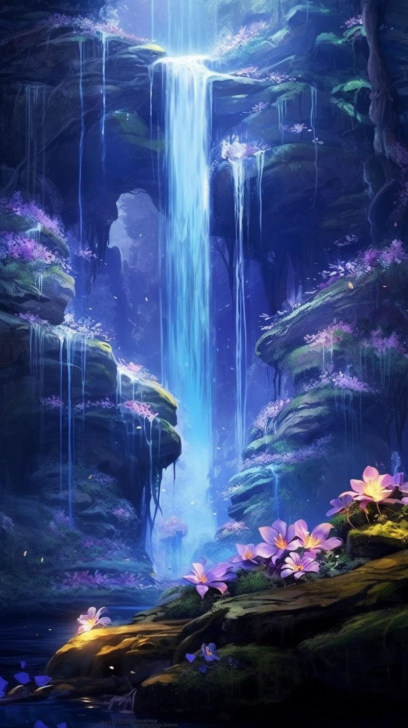 Japanese Anime Scene with Waterfall Featuring a Girl Dog and Cat | MUSE AI