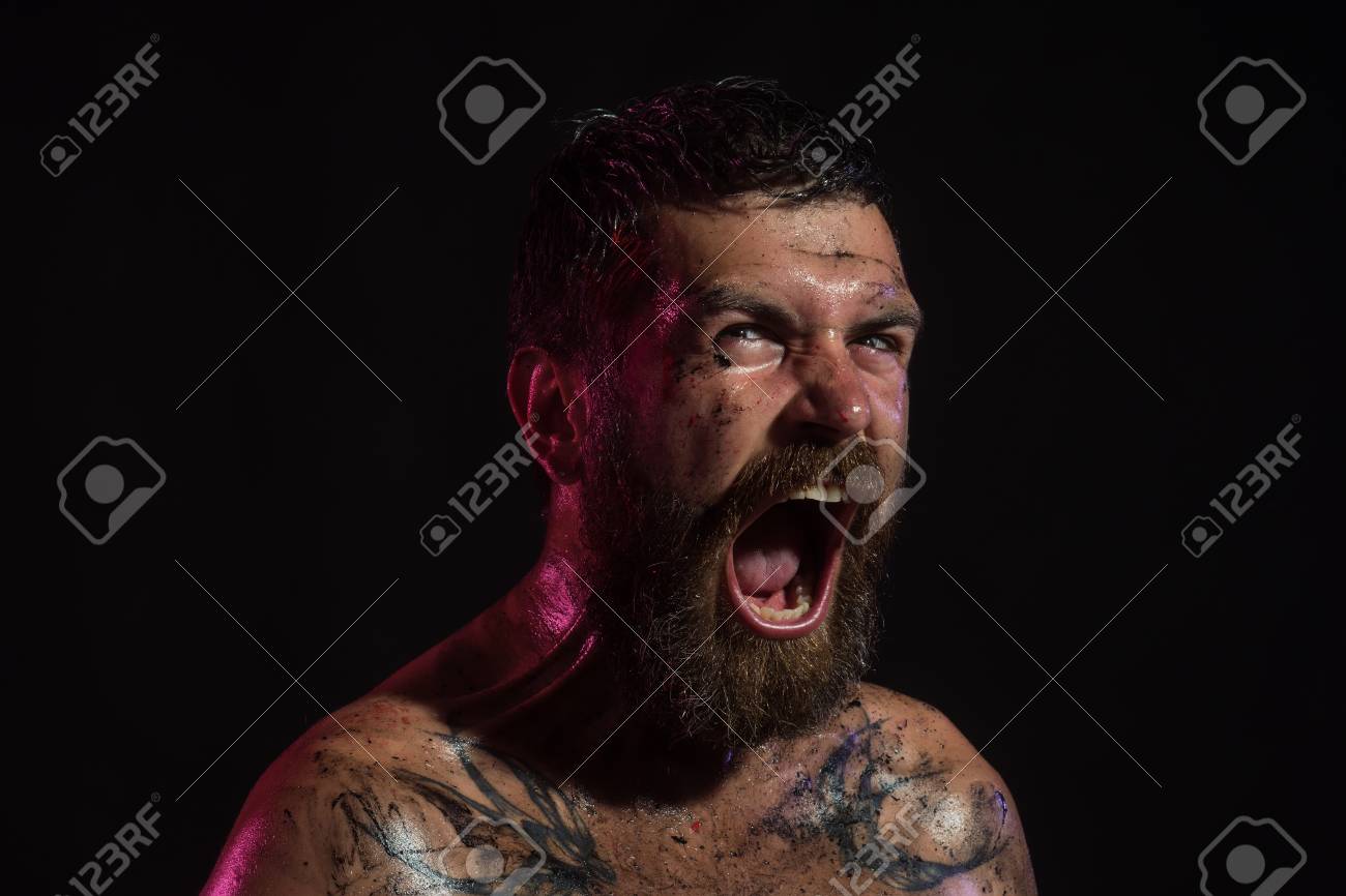 Bearded Hipster With Angry Face Shout On Black Background