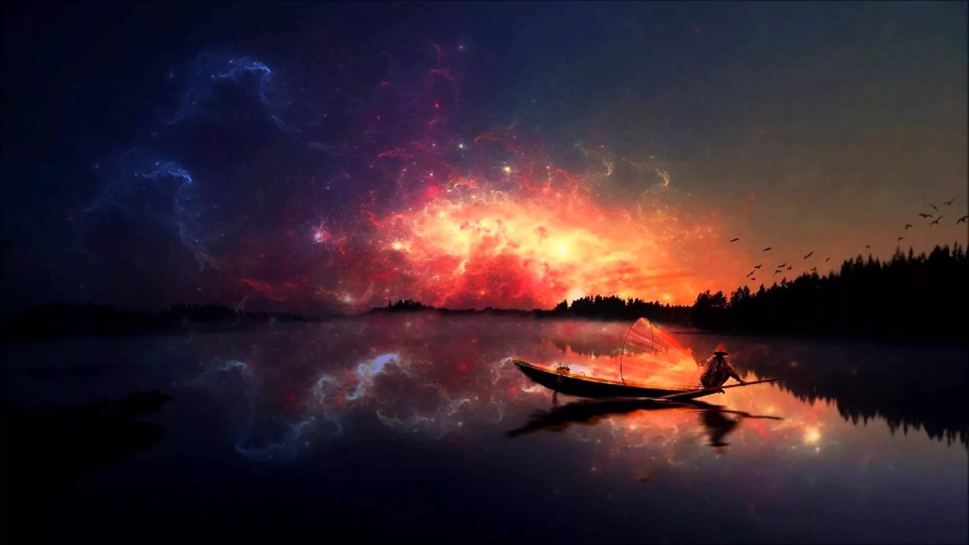 A lone fisherman in a small boat on a tranquil lake, under a vibrant, nebula-painted sky
