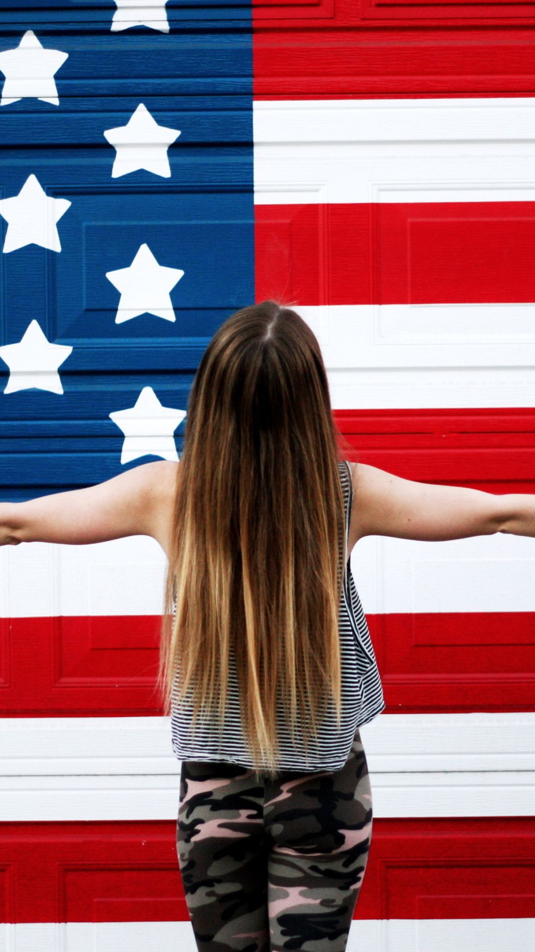 American Girl In Front Of Usa Flag United States