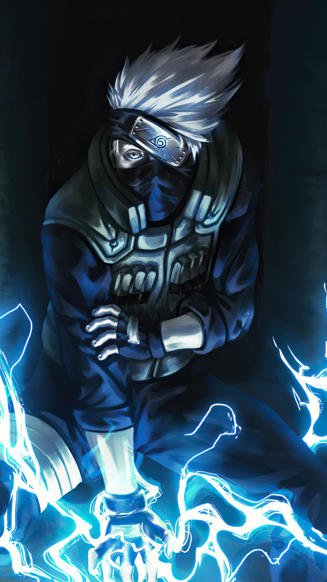 A cool anime wallpaper featuring a character with spiky white hair, a dark mask, and glowing blue electrical energy emanating from his hand