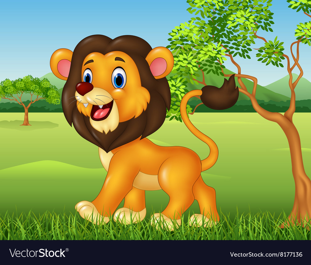 Cartoon Funny Lion Walking In Jungle Background Vector Image