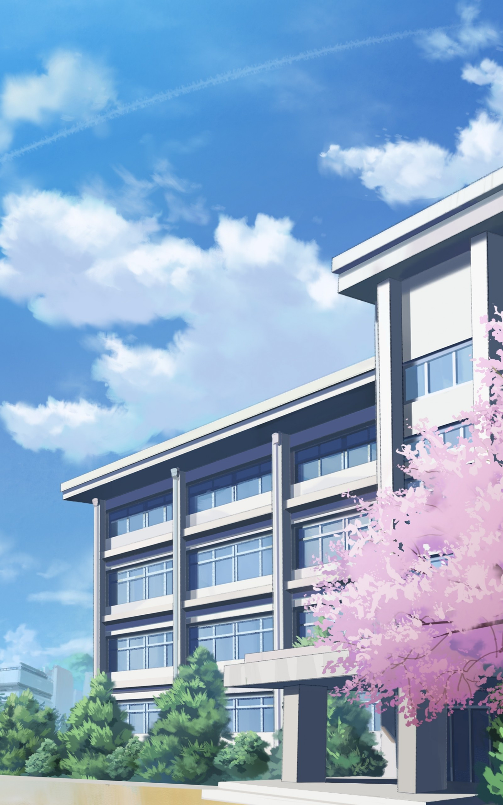 Anime School Building Sakura Blossom Clouds