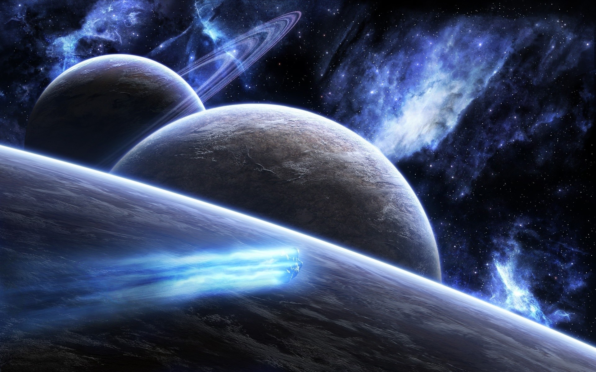 A spaceship soars through the vast expanse of outer space, leaving a trail of vibrant blue light in its wake. It navigates a celestial landscape dominated by two large planets and a distant nebula, creating a breathtaking cosmic scene