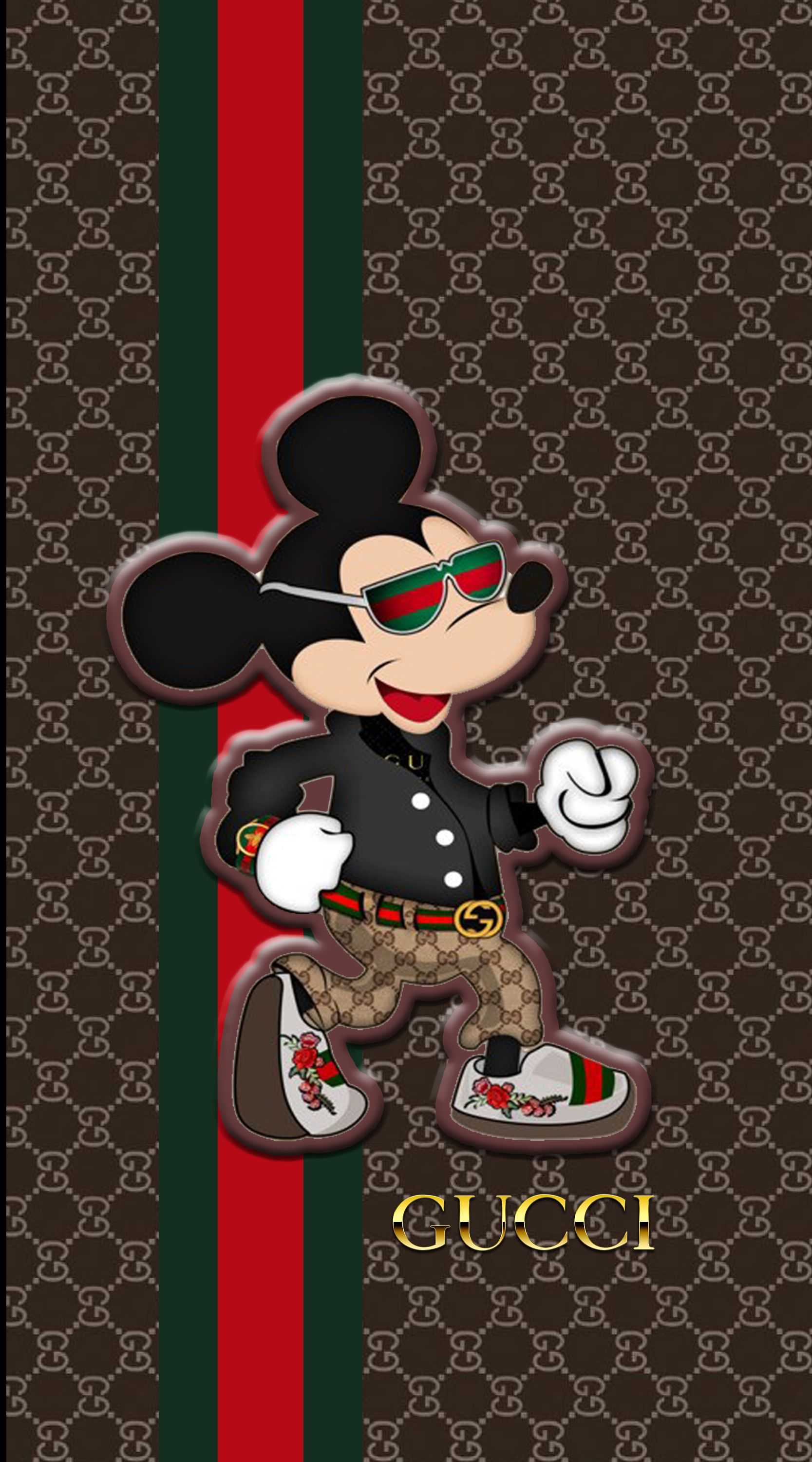 Mickey Mouse in Gucci attire against a Gucci monogram background