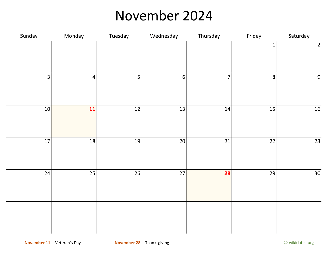November 2024 calendar with highlighted holidays: Veteran's Day on the 11th and Thanksgiving on the 28th