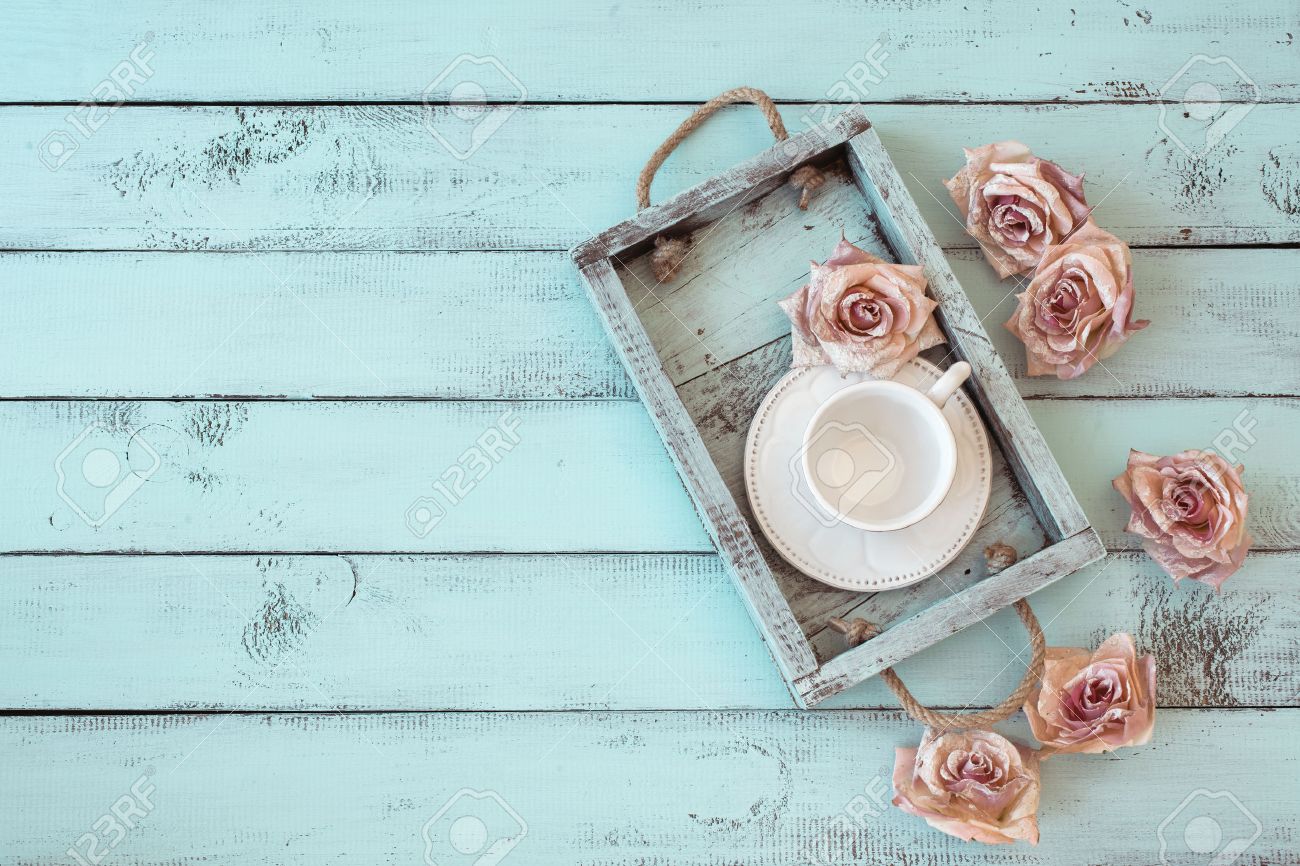🔥 Free download Vintage Wooden Tray With Porcelain Teacup And Rose Buds