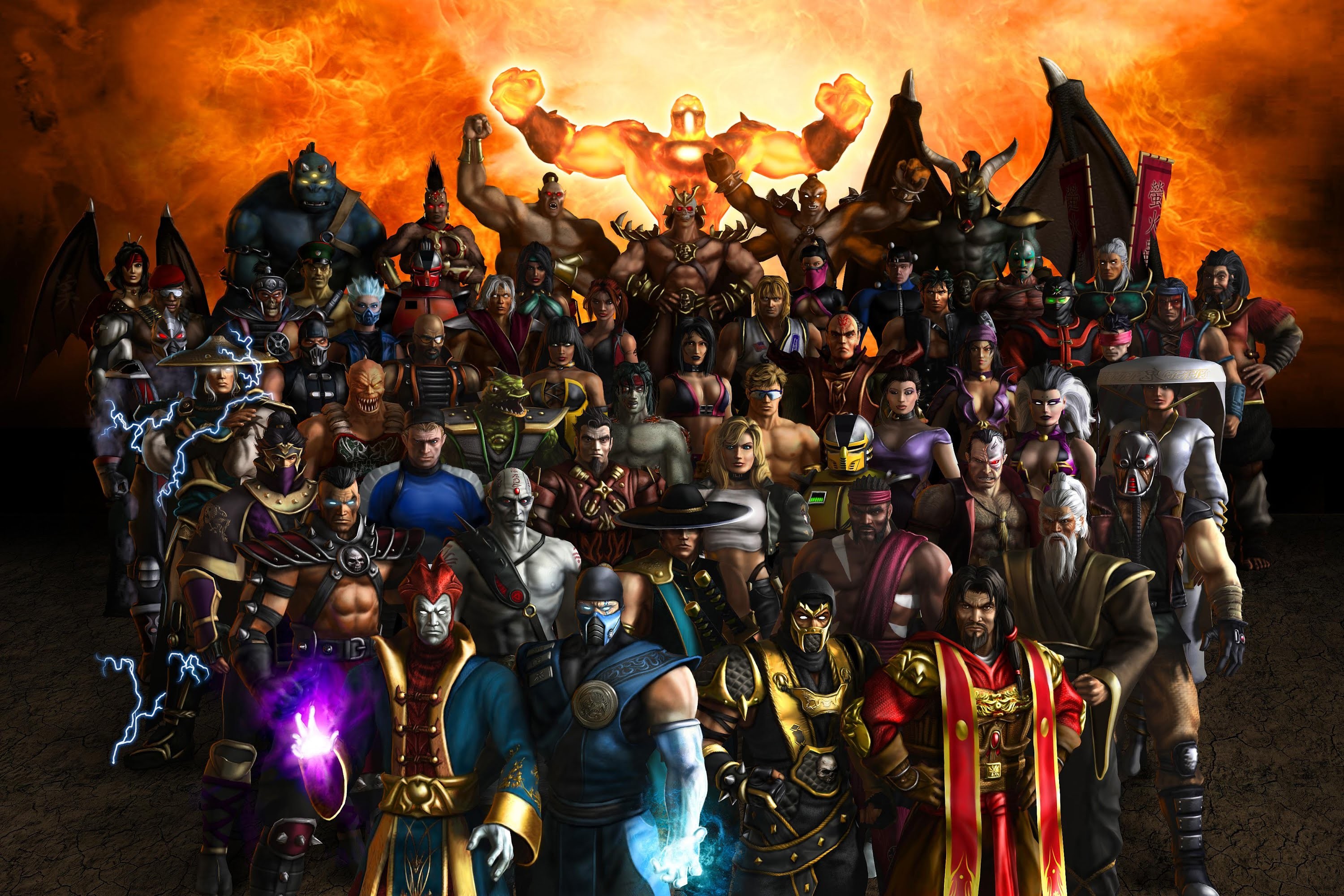 Mortal Kombat roster wallpaper featuring a diverse cast of iconic characters from the fighting game series against a fiery backdrop