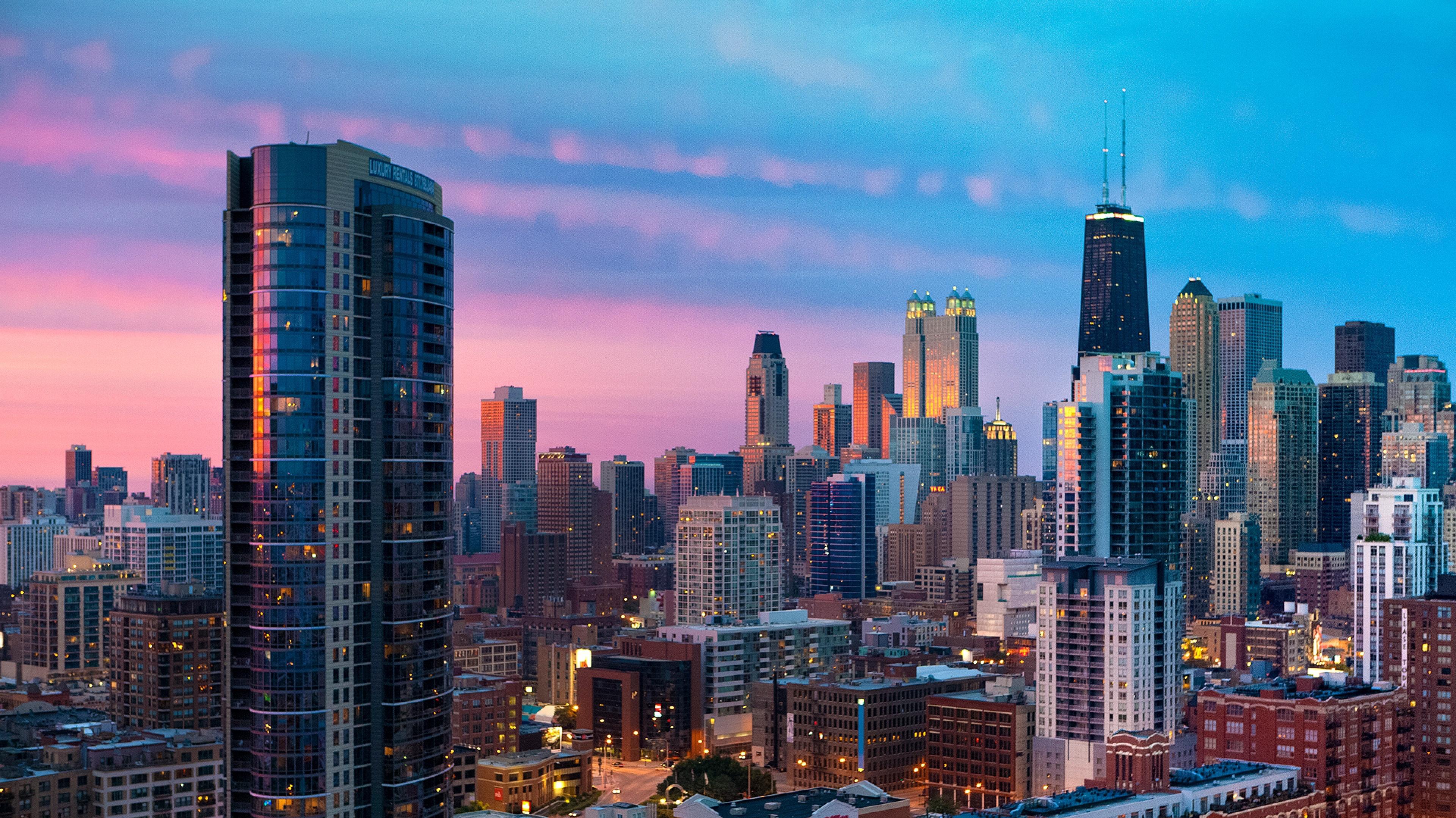 City Chicago Sunset Skyscrapers Wallpaper Background