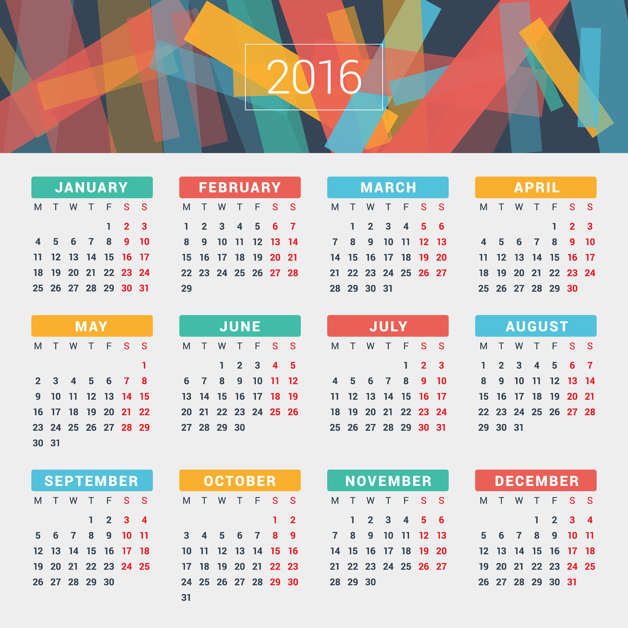 Calendar 2016 Vector Design Template Week Starts Monday View HD