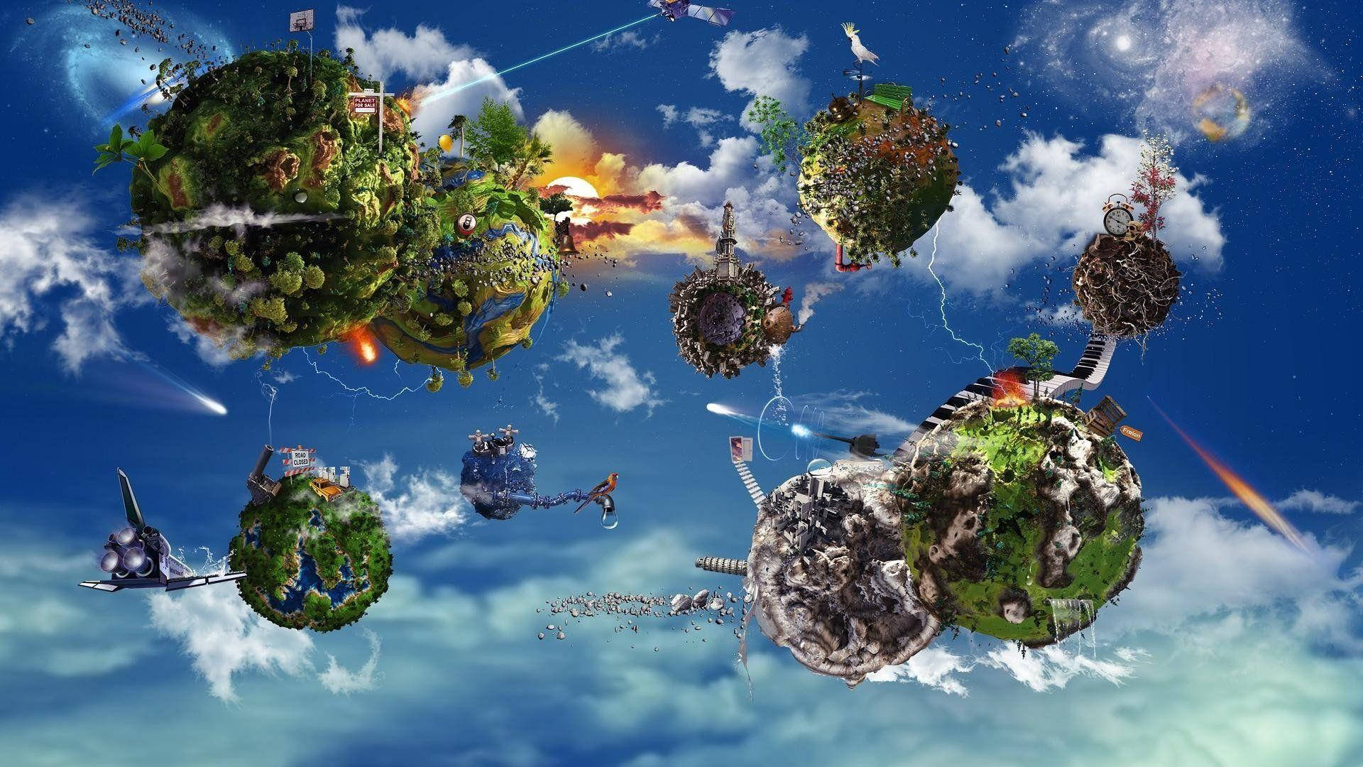 Stylised Floating Island With Machines Baq2epds8234ei2i Wallpaper