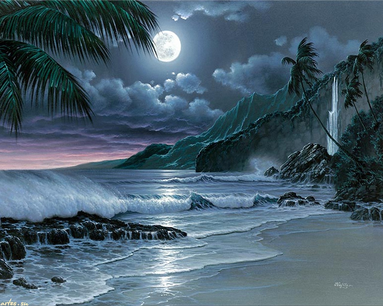Lonesome Night Ocean Painting Sand Waterfall HD Wallpaper Full Size