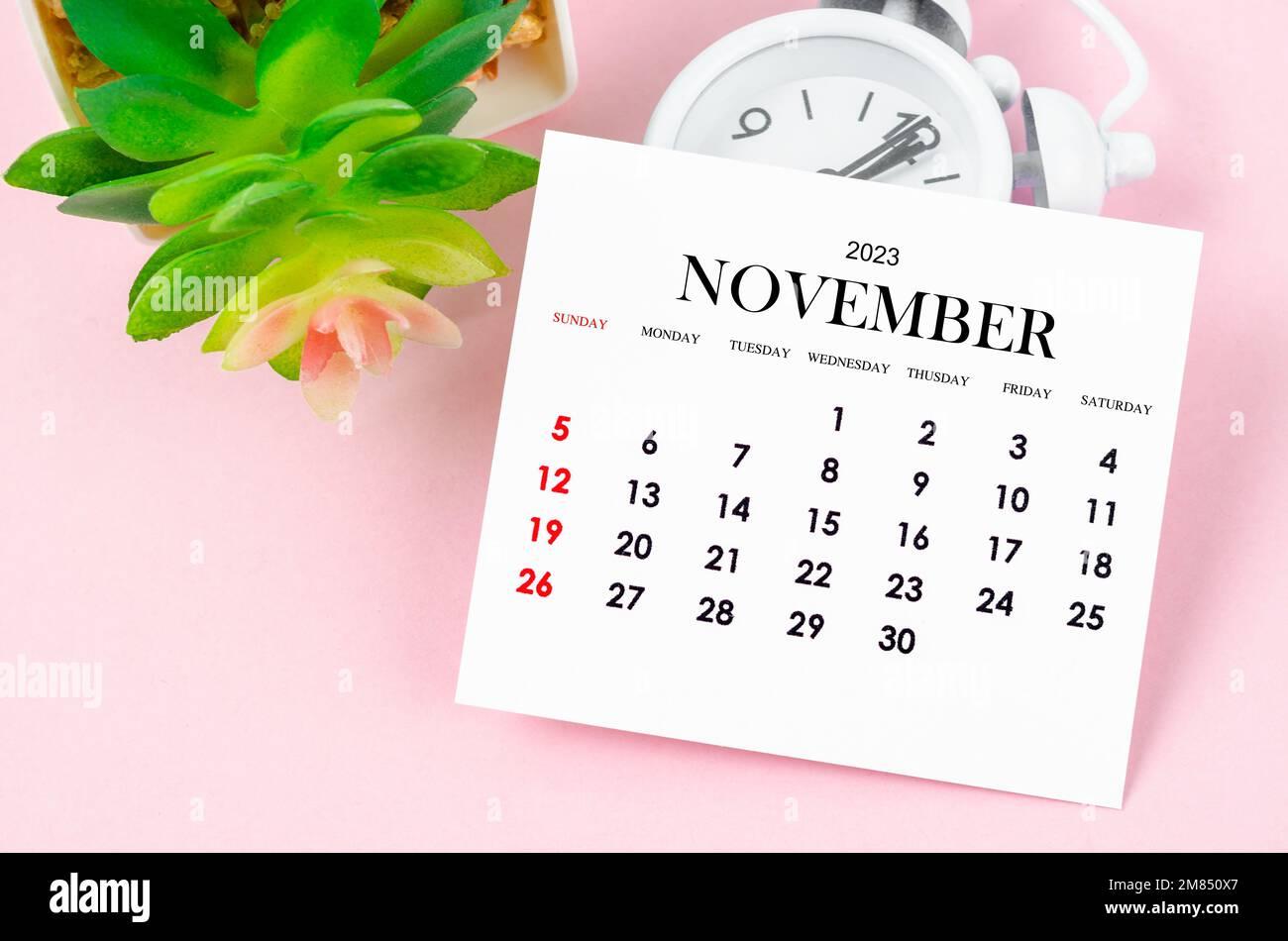 November Monthly Calendar For Year With Vintage Alarm