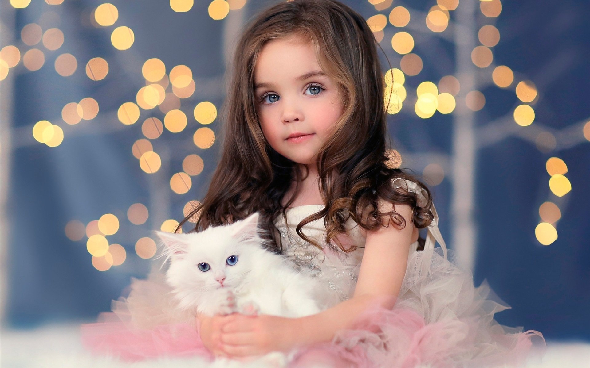 children Girl Blonde Blue Eyes Cat Animal Cute Dress