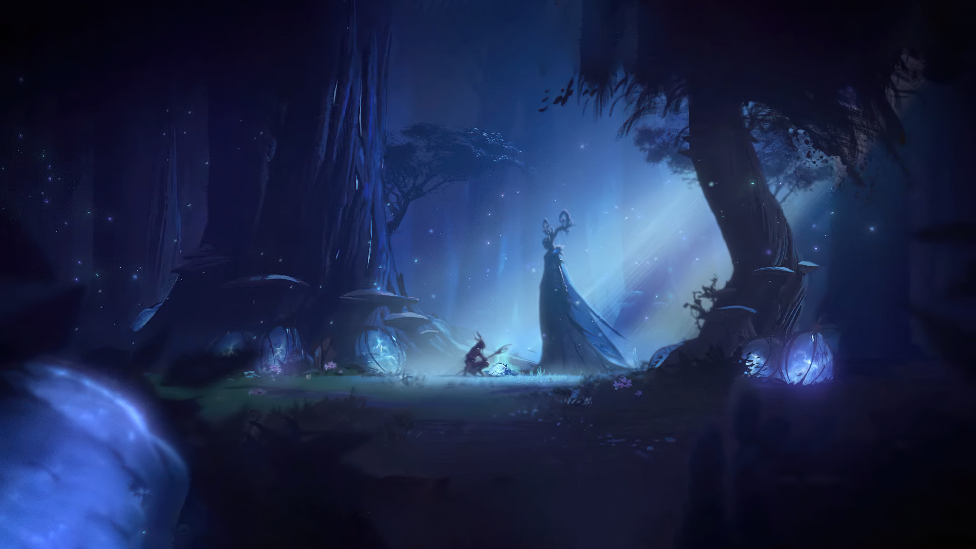 A 4k live wallpaper depicting a mystical forest scene at night, with a cloaked figure standing amidst glowing flora and a small, horned creature at its feet. The scene is bathed in a soft, ethereal blue light, creating a magical and otherworldly atmosphere
