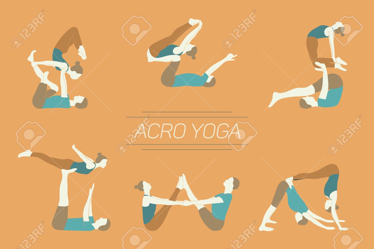 Set Of Acro Yoga Poses Couple Practicing Asanas Yellow