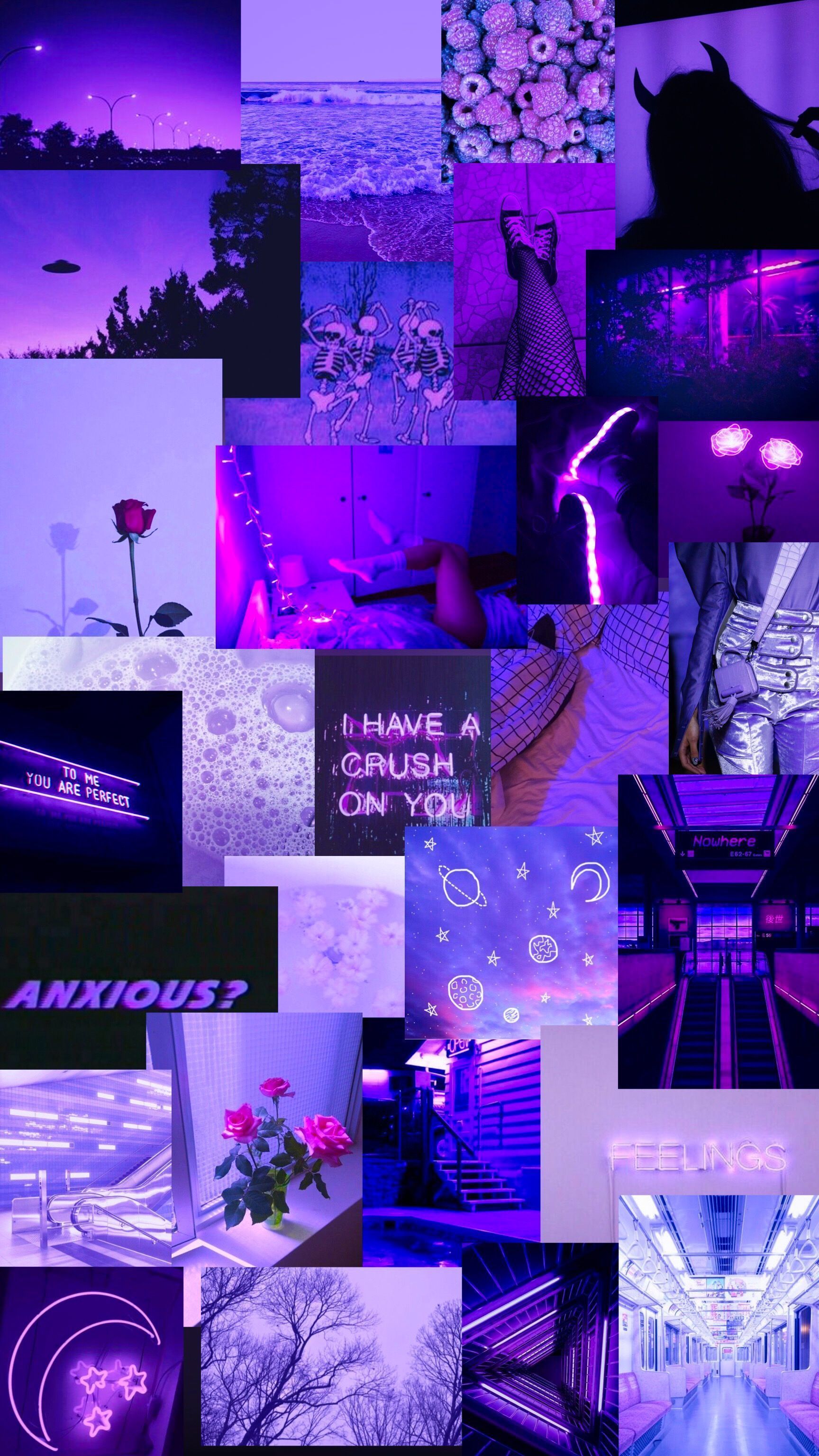 A purple aesthetic collage featuring various images such as roses, neon lights, galaxies, and other elements in shades of purple