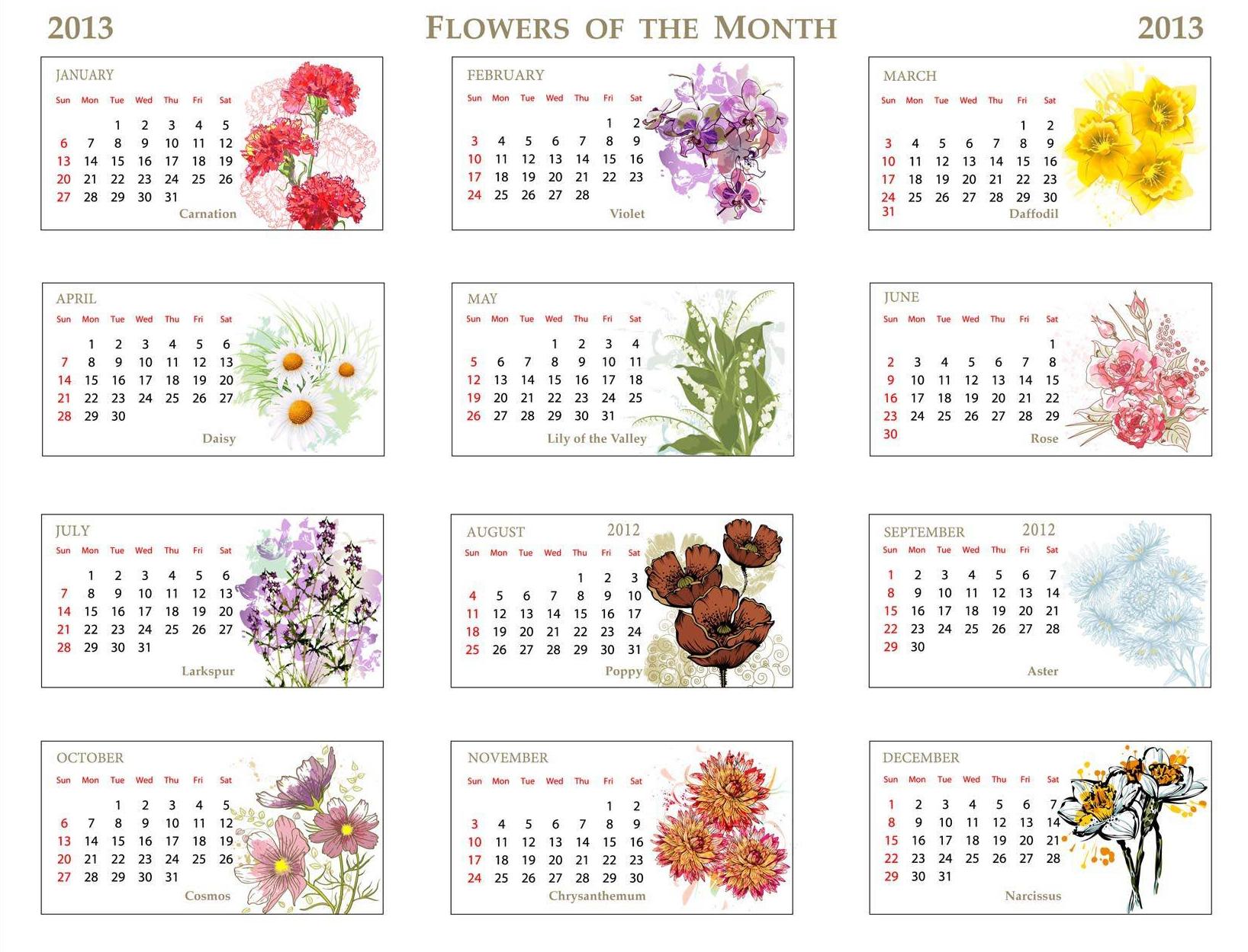 Year Calendar Printable Monthly Flowers