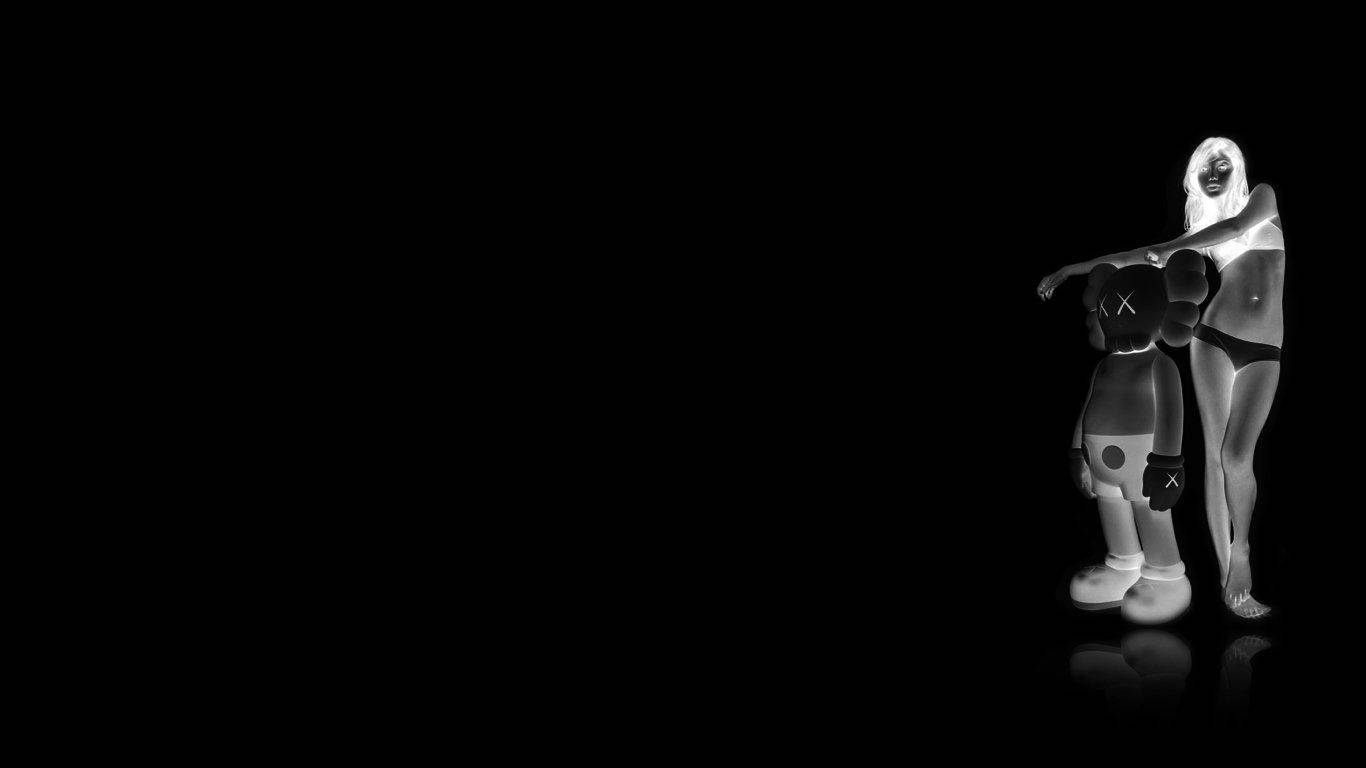 A grayscale, negative image featuring a KAWS Companion figure and a female model against a dark background. The Companion stands with its signature crossed-out eyes and X-ed hands, while the model poses beside it. The image has a dark, edgy aesthetic
