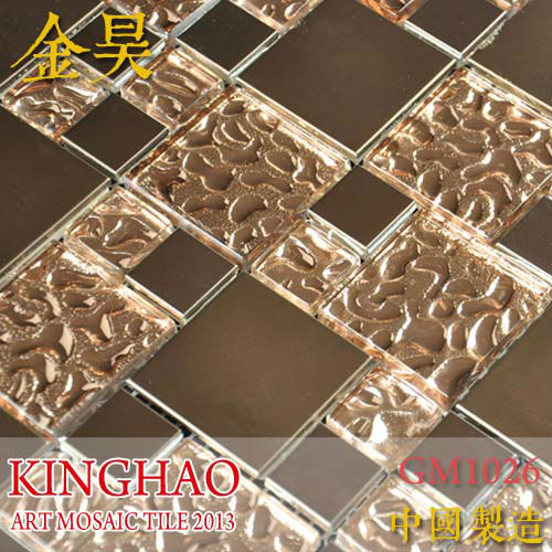 China Kinghao Copper Metal Pattern Textured Glass Mosaic Tile For