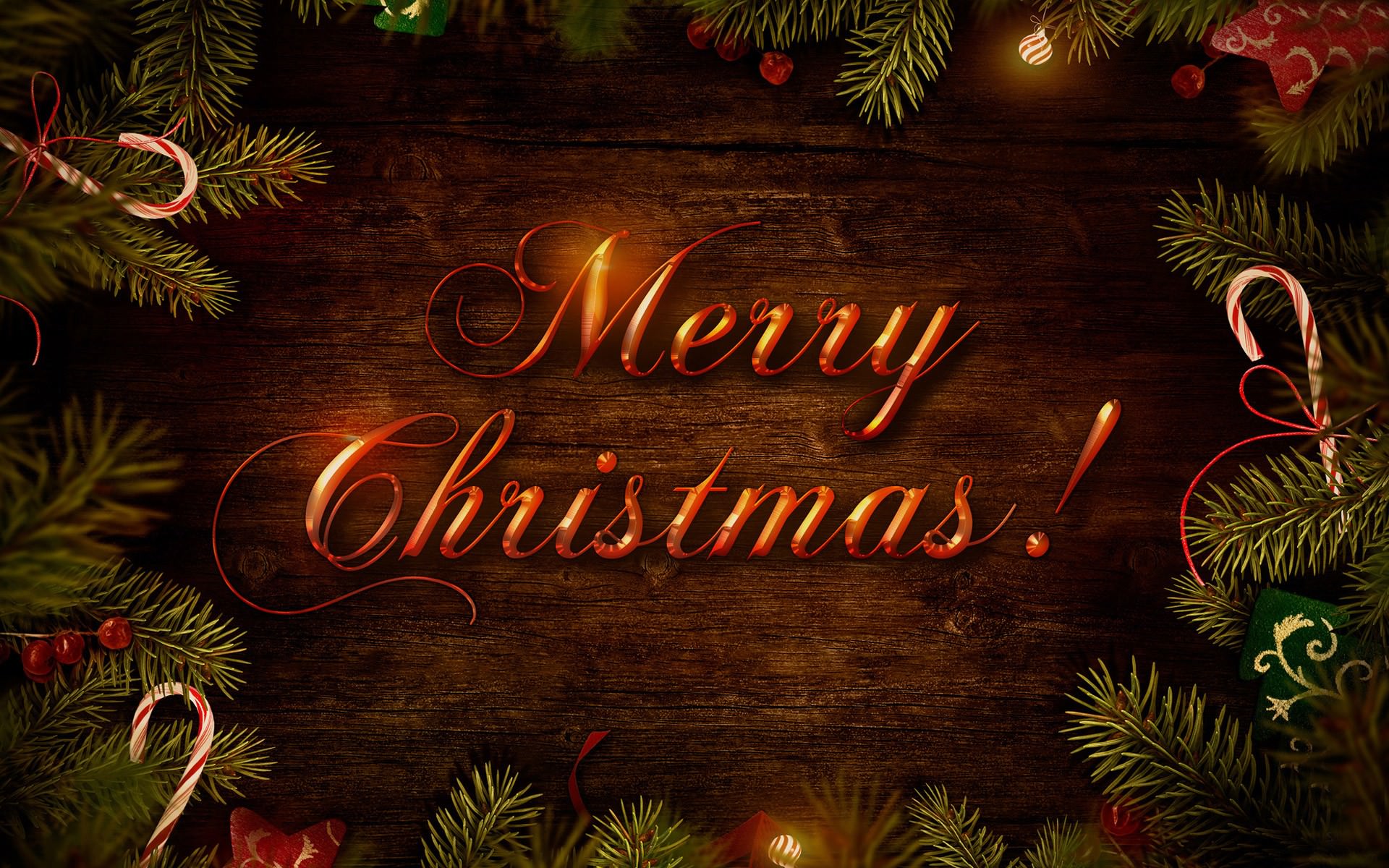 Merry Christmas text on a wooden background with festive decorations and lights