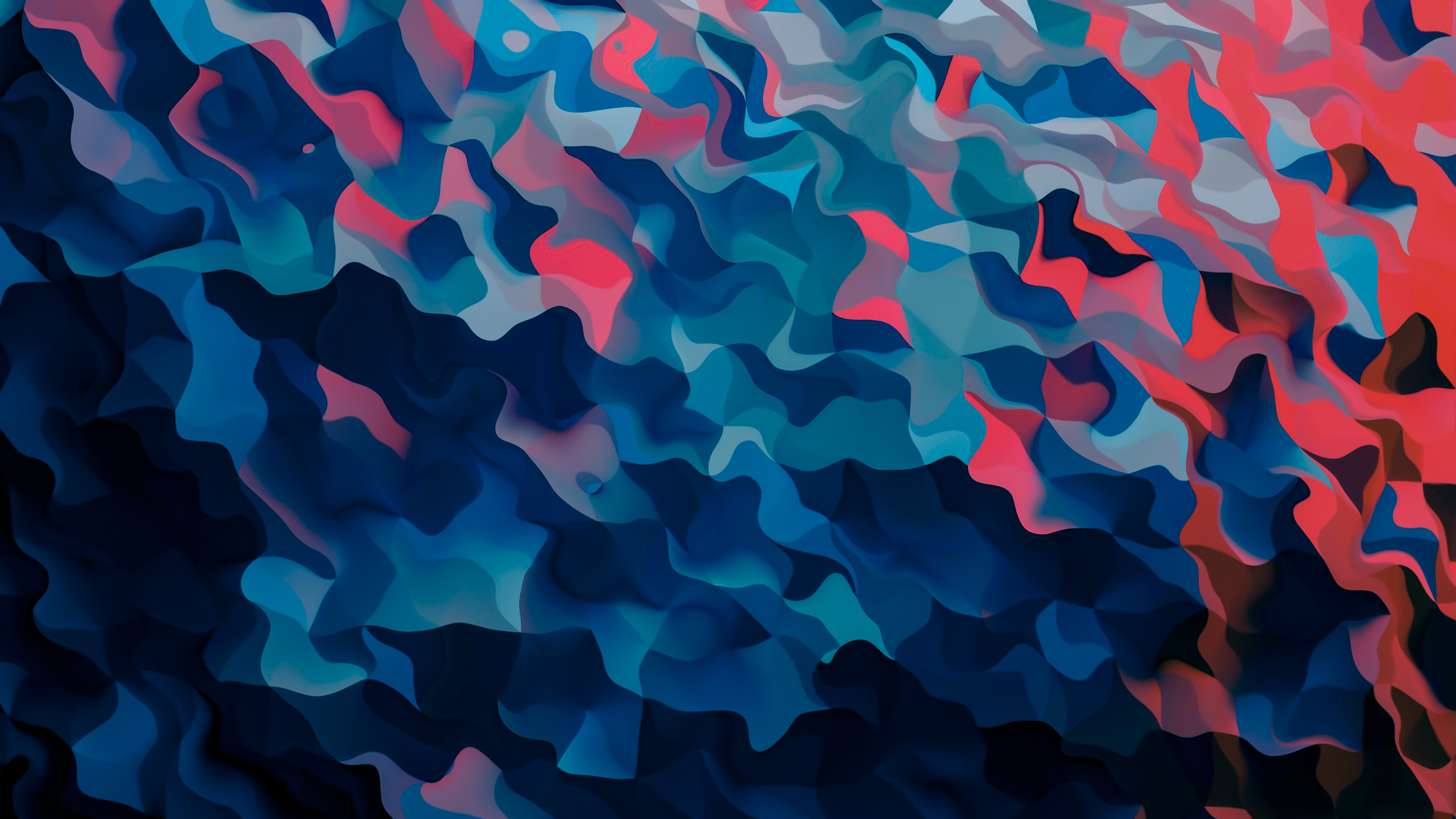 Abstract wallpaper with flowing, wavy shapes in shades of blue, pink, and red, creating a dynamic and vibrant visual