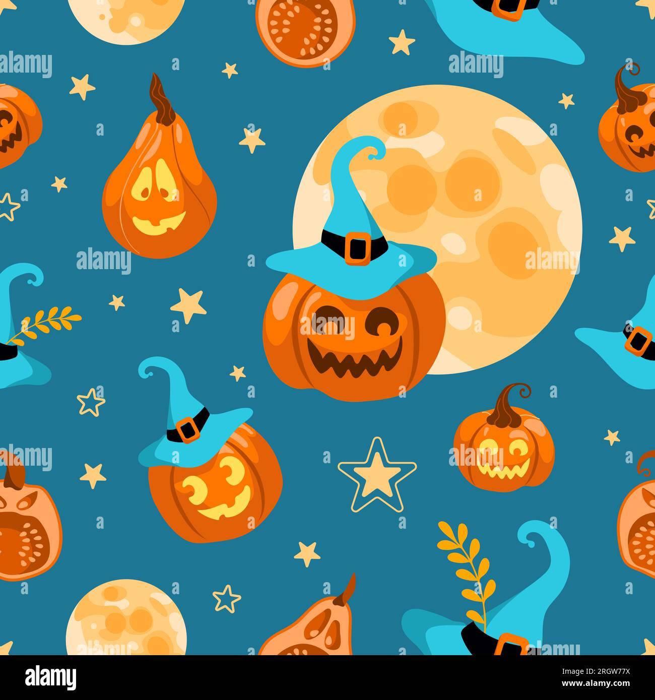 Halloween seamless pattern moon witch hat jack lantern star and