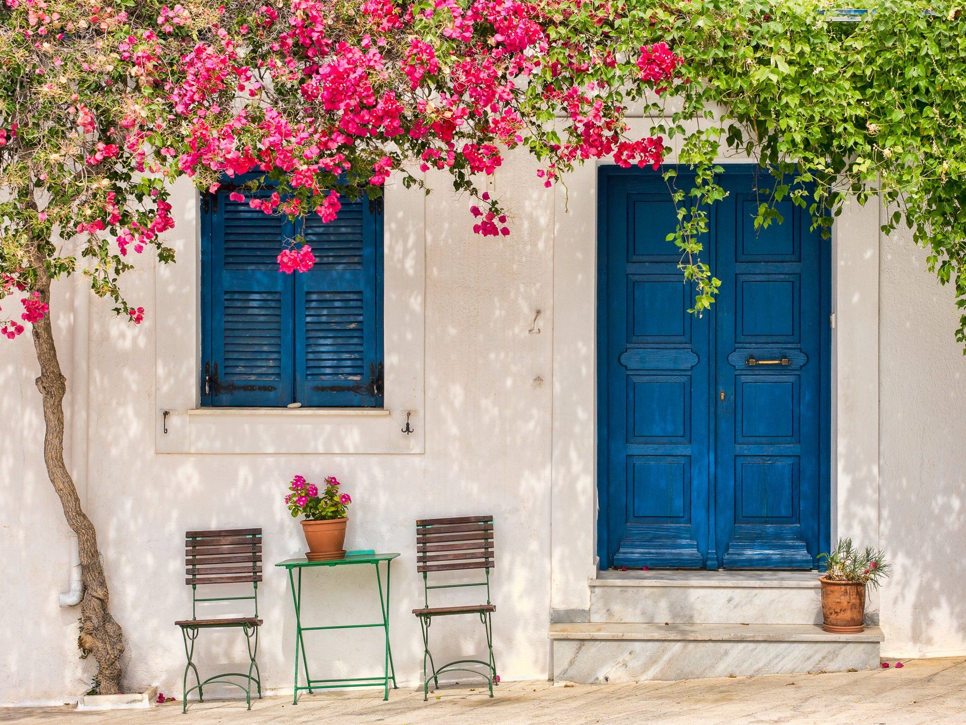 Man Made Door House Santorini Blue Flower Greece Wallpaper Place