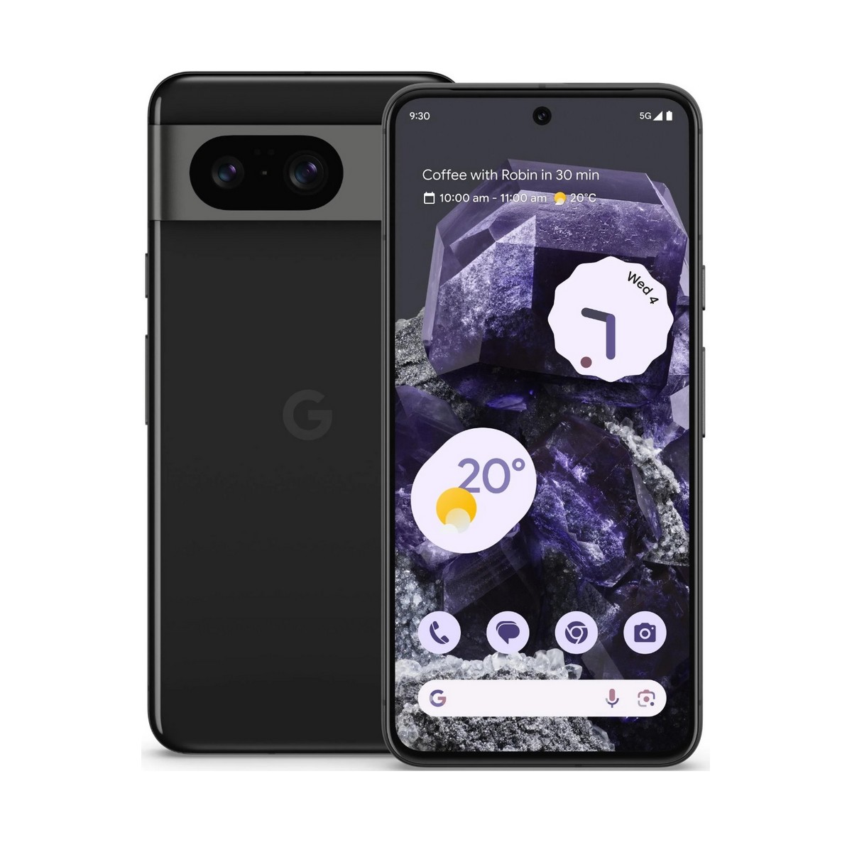 Google Pixel 7 phone displaying the home screen with a dark purple gemstone wallpaper