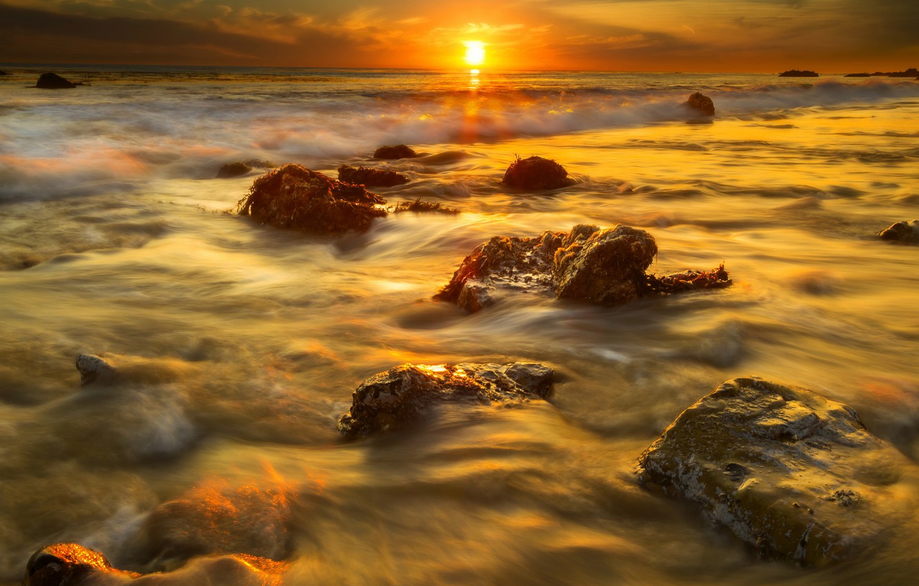 Wallpaper Beach The Sun Algae Sunset Stones Ca Malibu Image