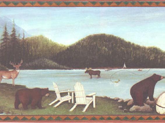 Moose Deer Bear Fishing Cabin Wildlife Lodge Wallpaper Border