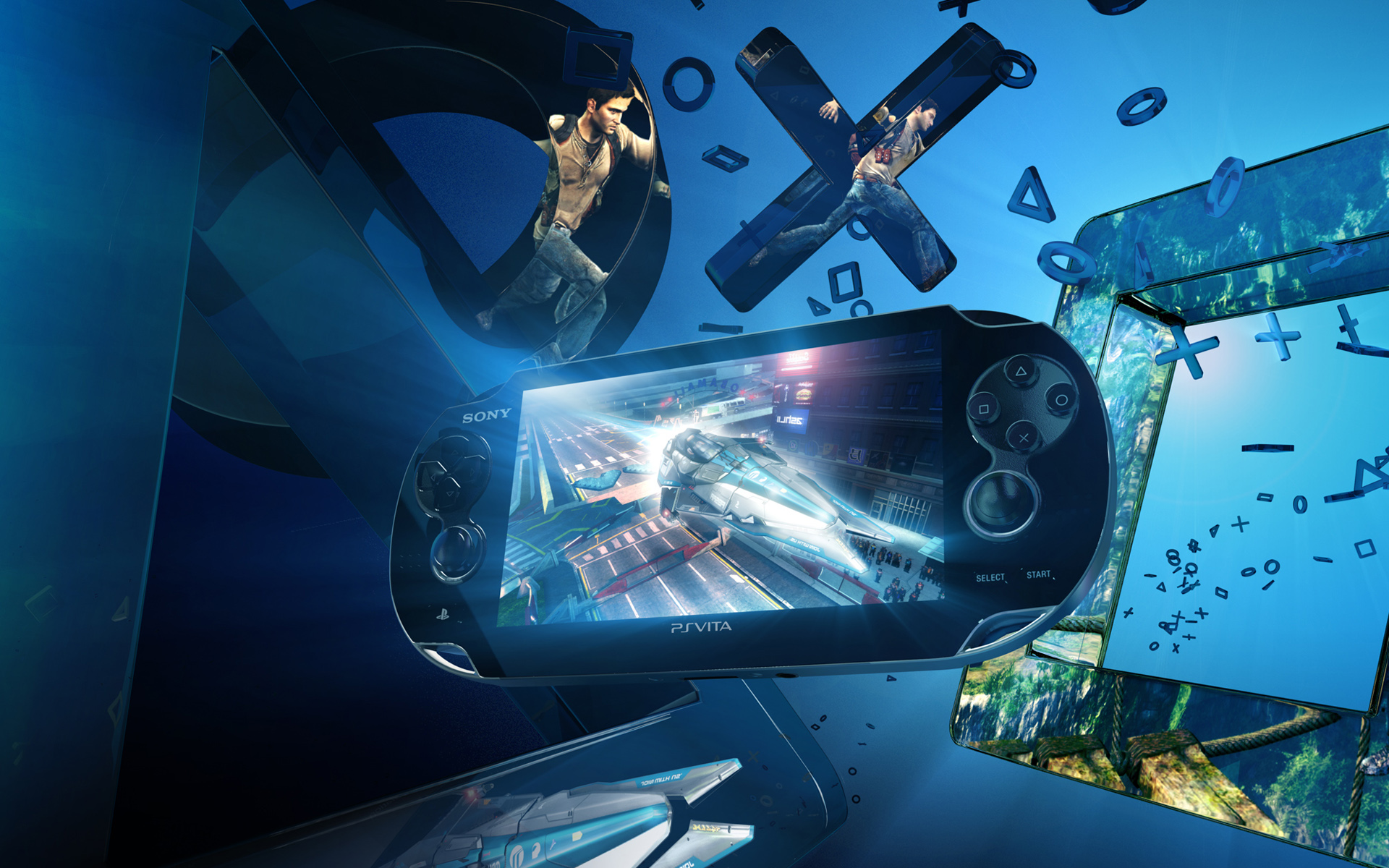 Dynamic collage featuring a PlayStation Vita handheld console displaying a futuristic racing game, surrounded by game characters and PlayStation symbols