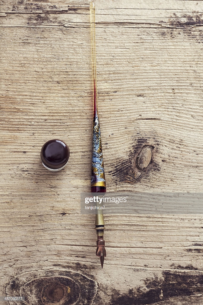 Vintage Pen And Inkwell On Wooden Background Stock Photo Getty