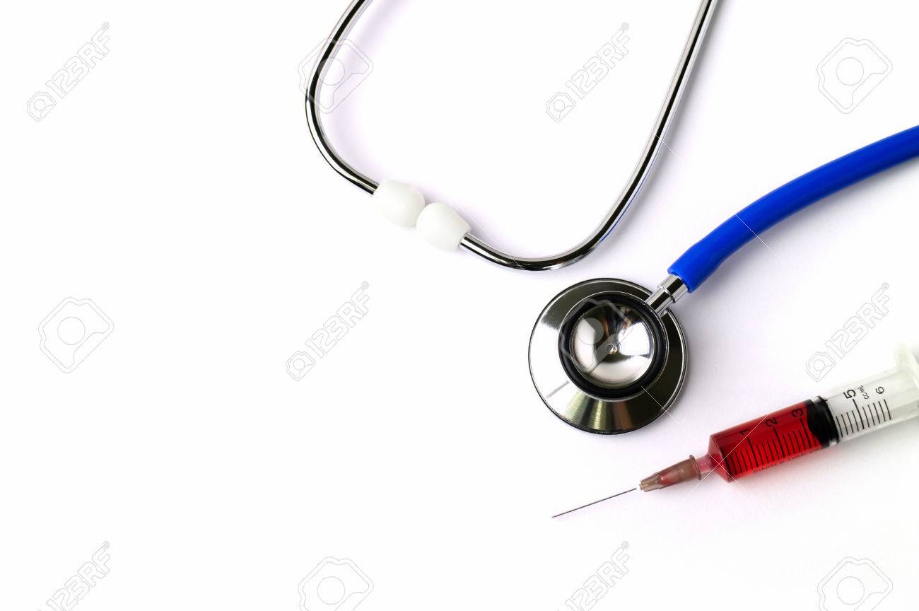 White Background Doctor Office With Stethoscope And Red Injection