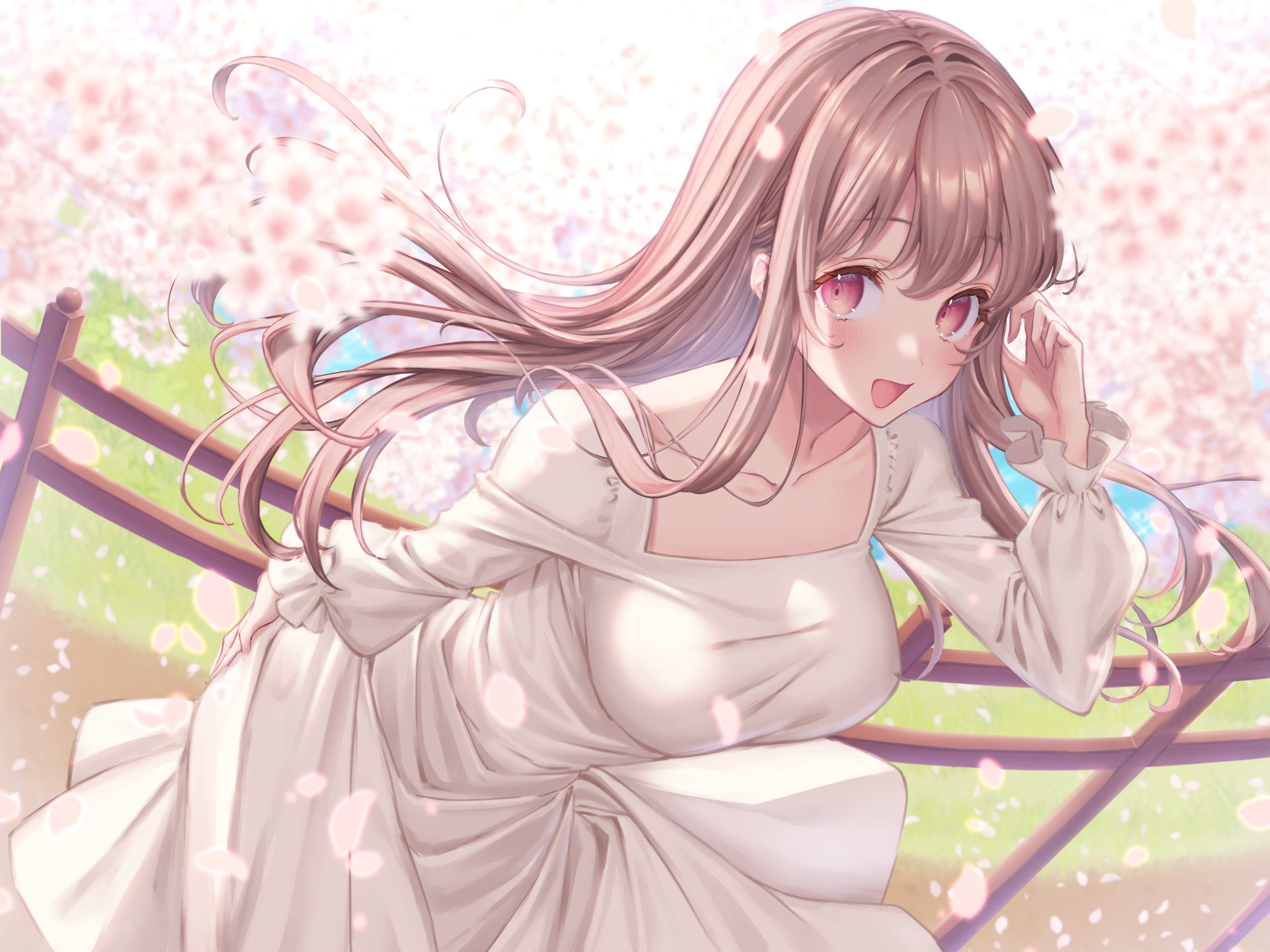 Wallpaper White Dress Sakura Petals Spring Cherry Blossom Moe