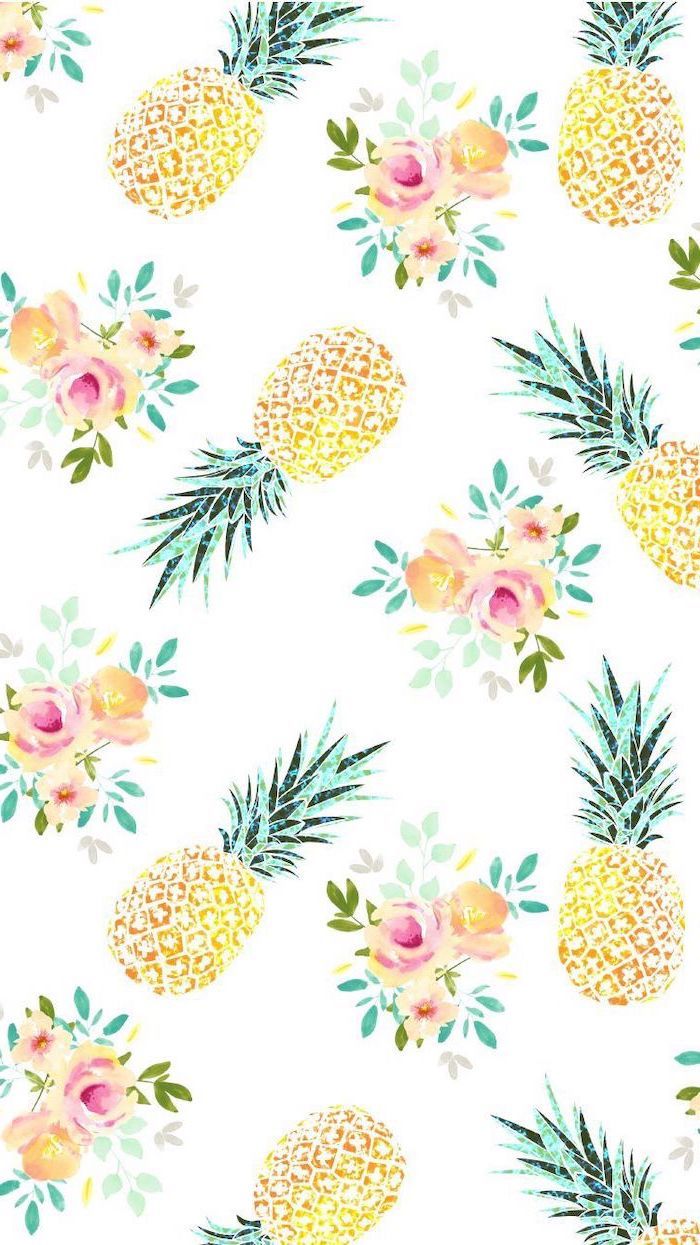 Girly Background Pineapplaes Flowers Drawings White Background In