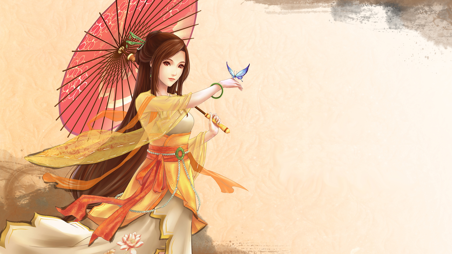 Asian Girl Art Wallpaper Long Hair Umbrella Butterfly Bracelet