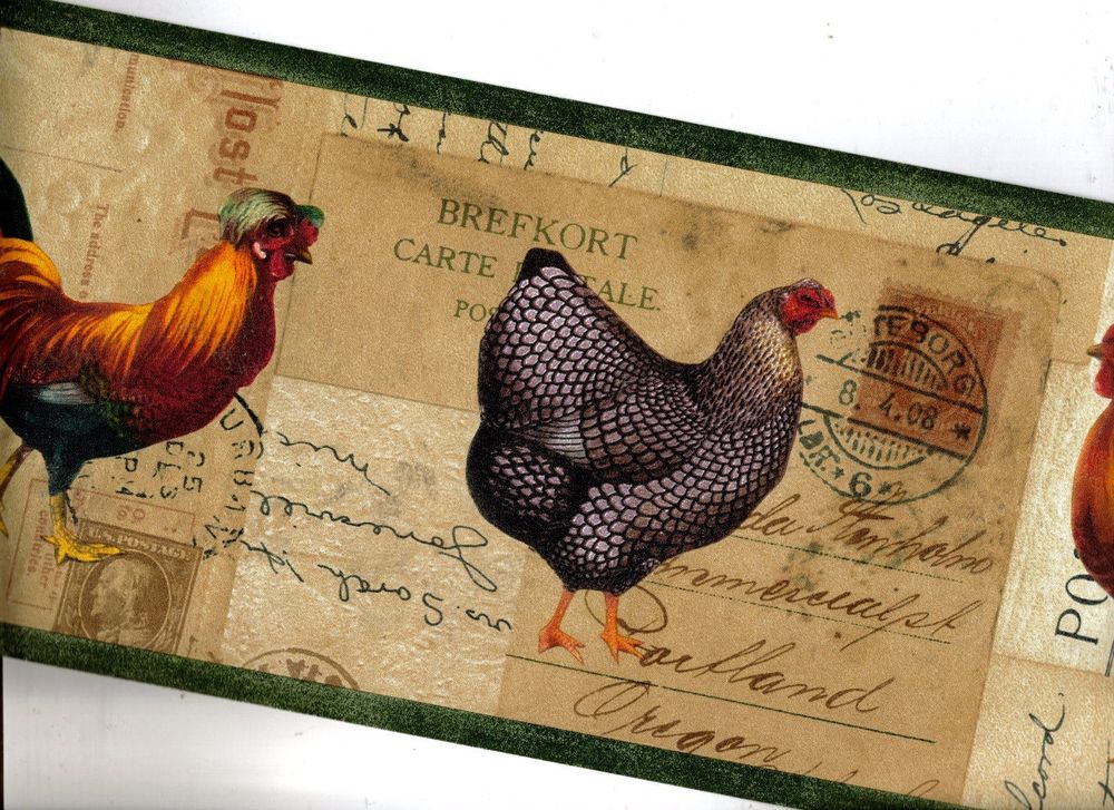 Chicken And Roosters On Postcards Wallpaper Border Hrb4044