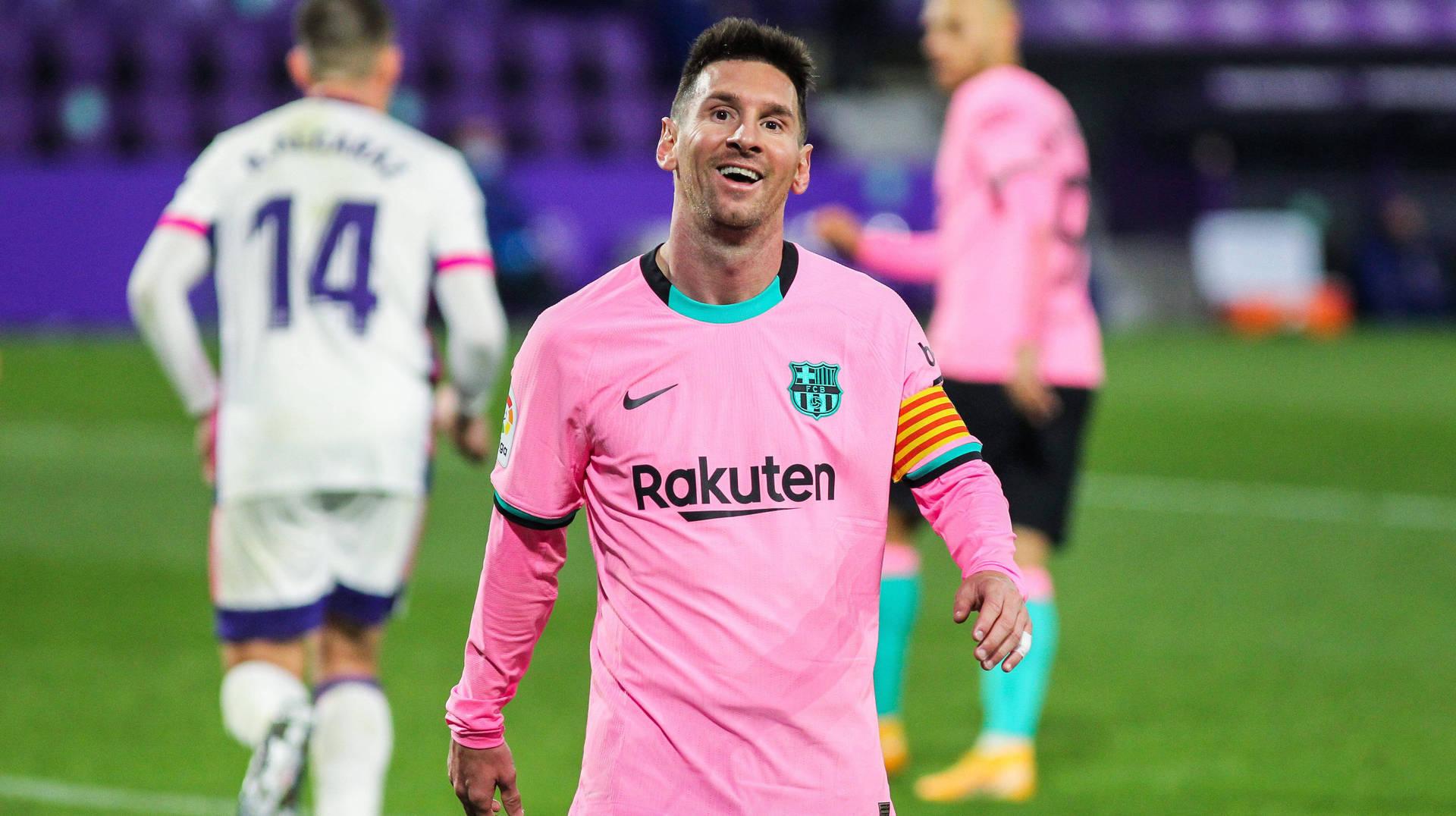 Lionel Messi In Donning His Iconic Fcb Third Kit
