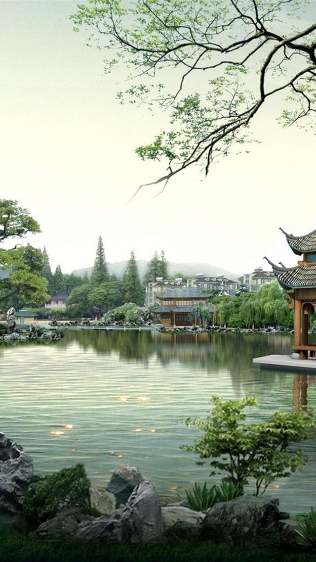 Chinese house on water iphone 5 wallpaper hd