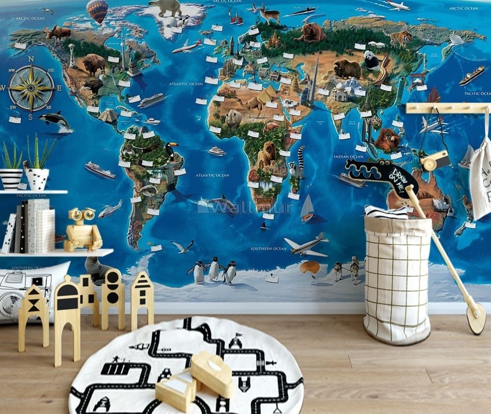 3d Look Kids World Map With Pass Wallpaper Mural Wallmur