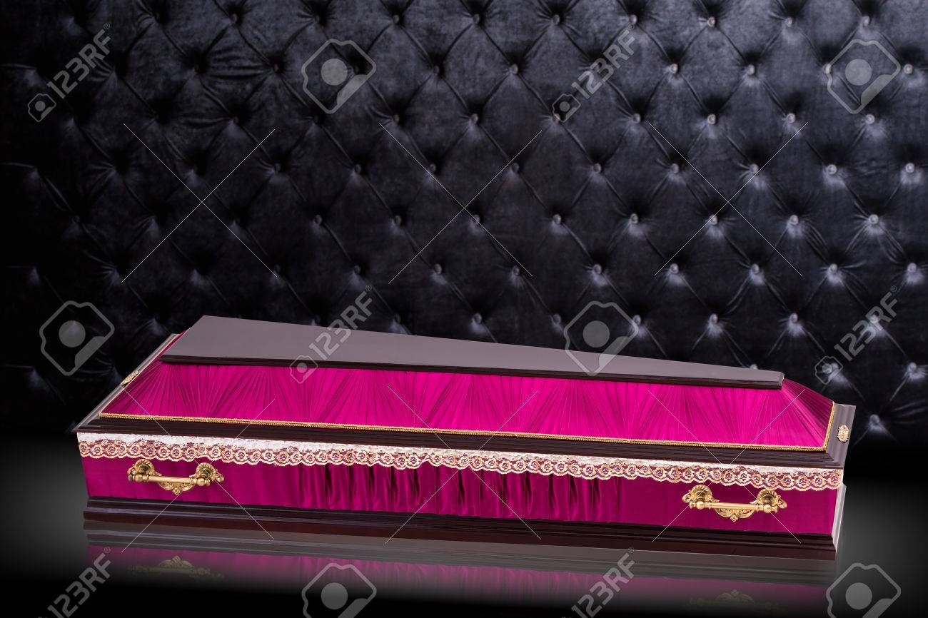 Closed Wooden Color Pink Coffin Isolated On Gray Luxury Background