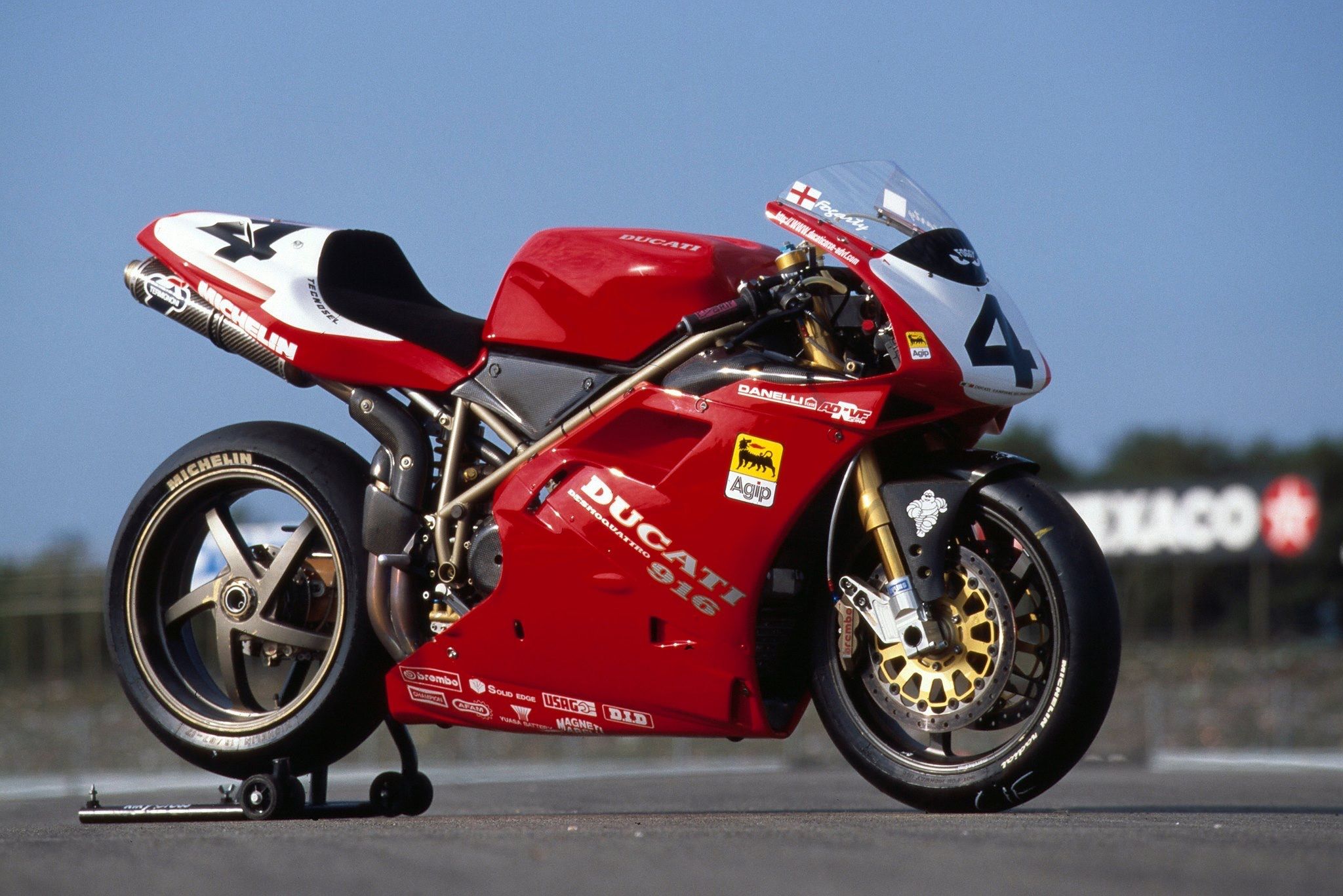 A Ducati 916 racing motorcycle on a track