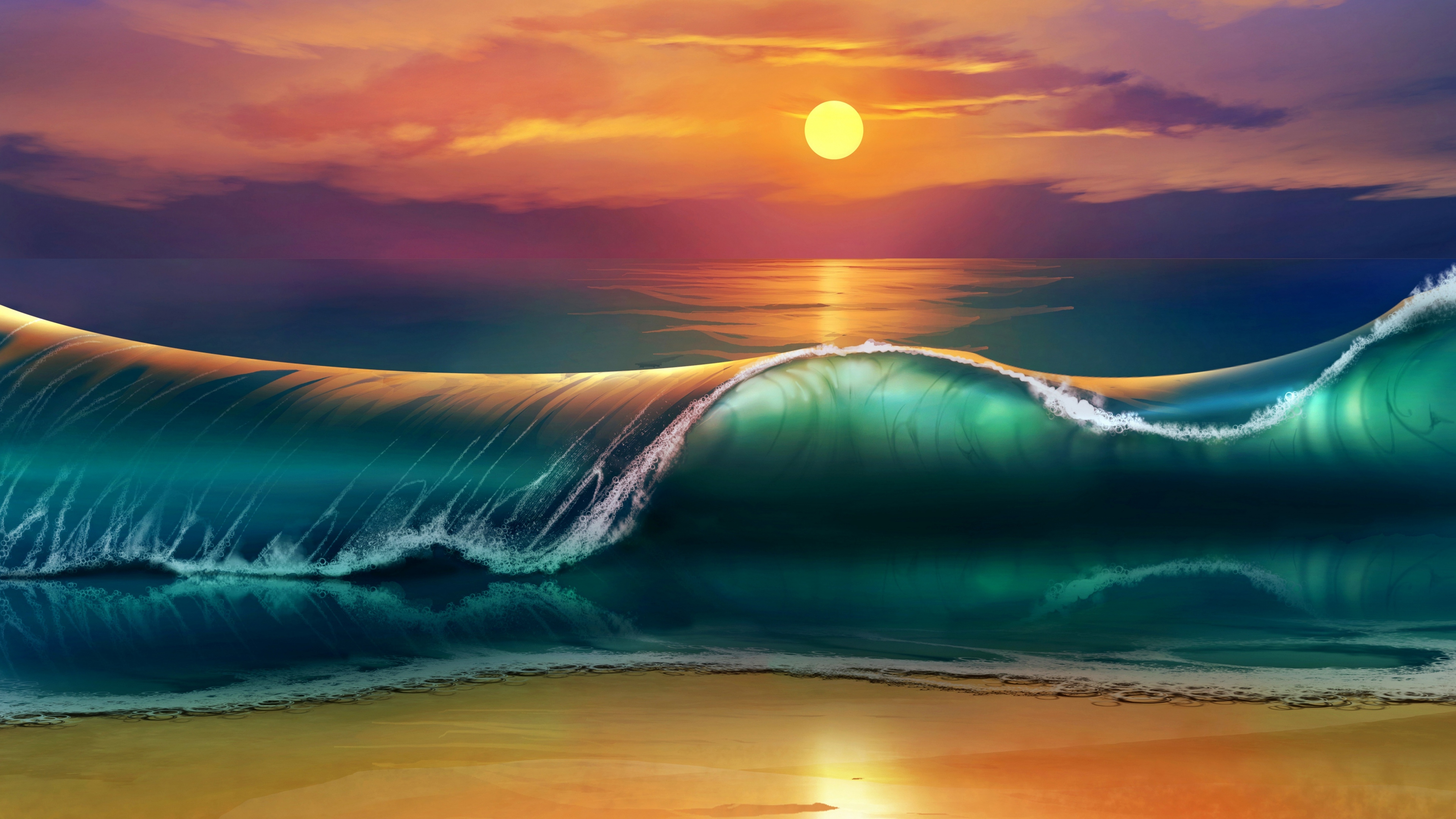 Wallpaper Art Sunset Beach Sea Waves 4k Ultra HD